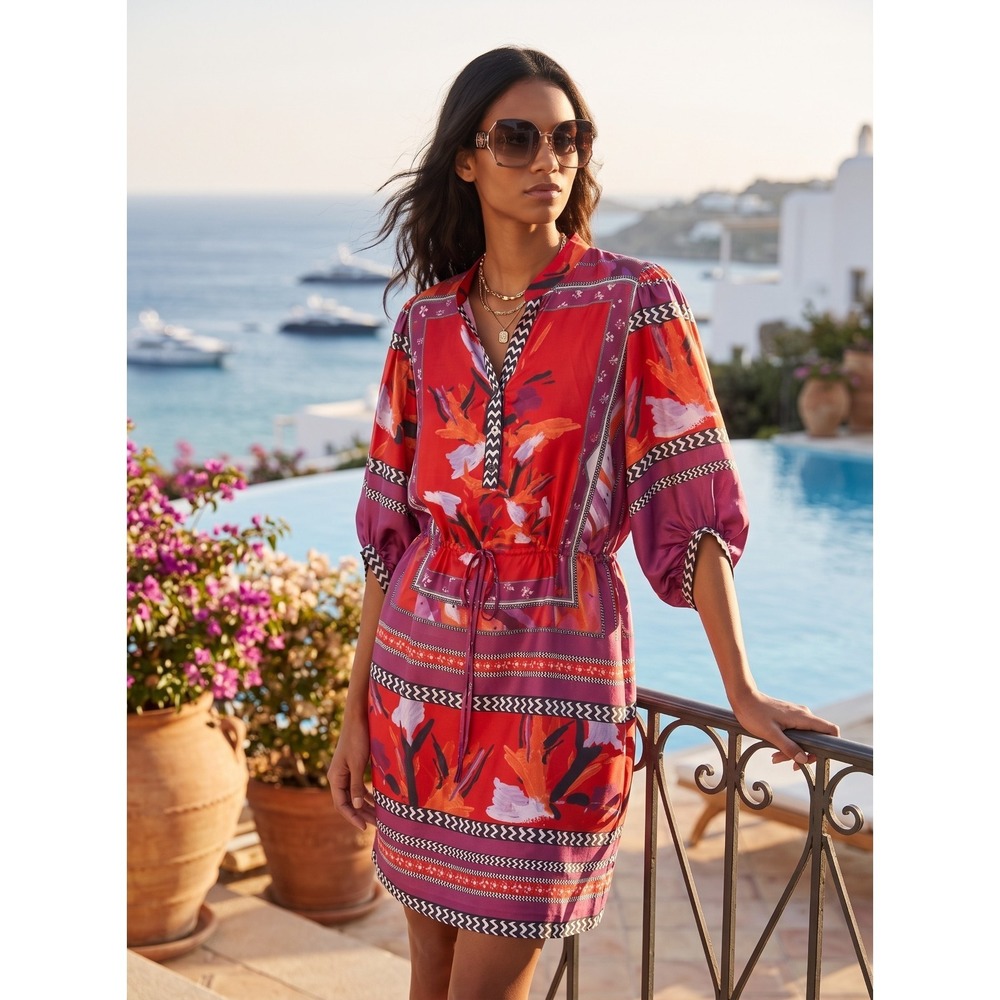 DVF Chrystie Floral Placement Beet Silk Shift Dress Red Purple Multi 2 $498